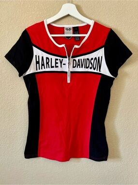 Vintage Y2K Harley-Davidson Women's Red & Black Zip-Front Logo Top Moto